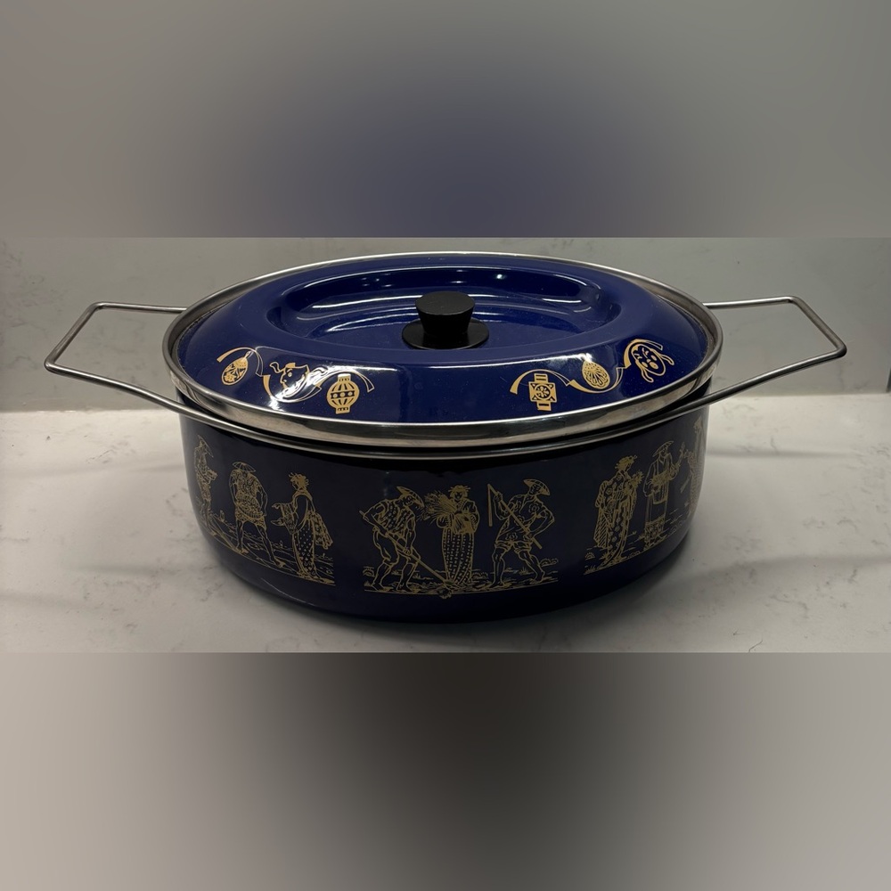 Vintage 1970 Italian Siltal Blue Gold Asian Enamel Dutch Oven Made In Italy 12”